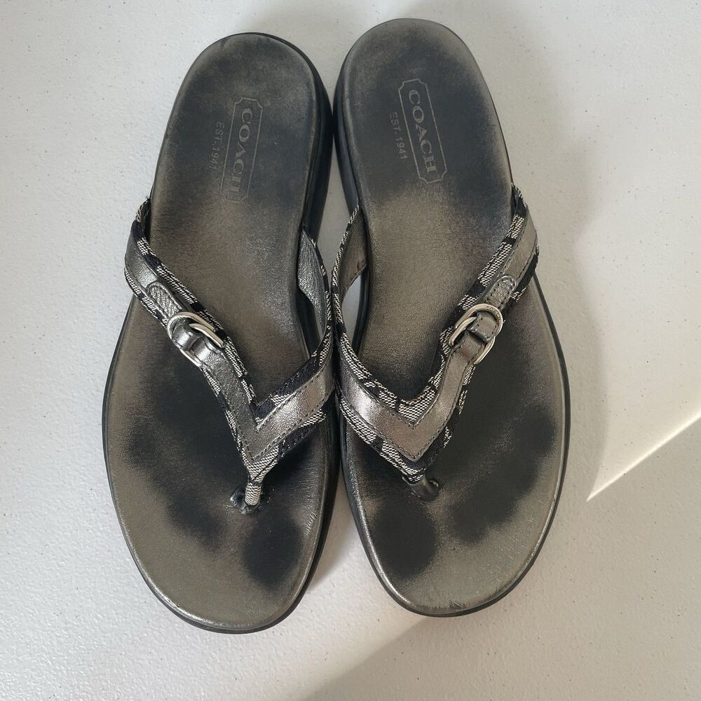 COACH Lindsey Leather Flip Flop Sandals Shoes Silver Gray Black Women's Size 8.5 - Picture 6 of 12